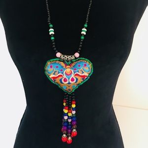 Boho handmade embroidered beaded long necklace NWT